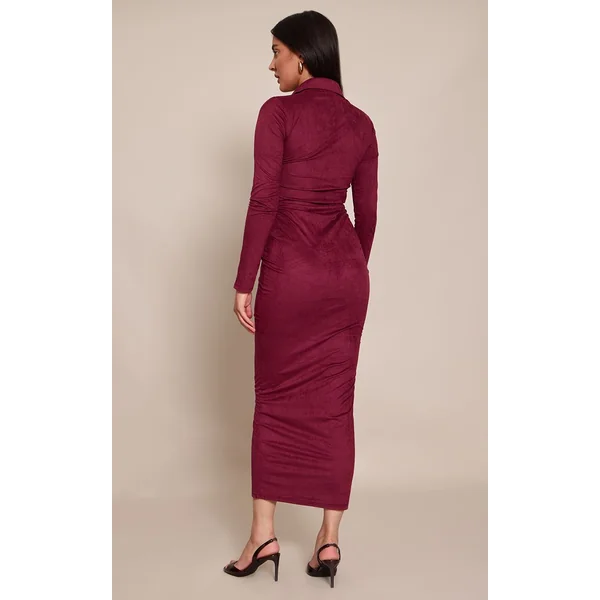 Rouge Vin Robe Maxi Boutonnée À Manches Longues En Synthétique Froncé