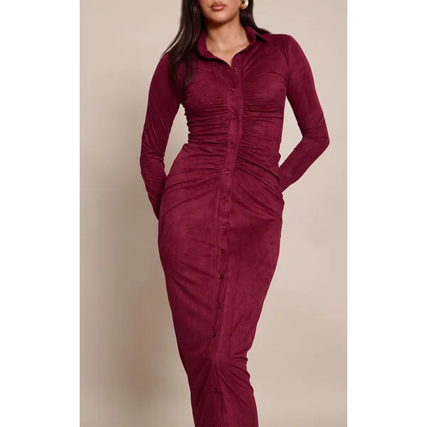 Rouge Vin Robe Maxi Boutonnée À Manches Longues En Synthétique Froncé