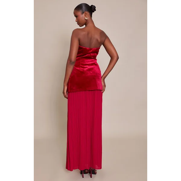 Rouge Vin Robe Maxi À Bustier En Velours Avec Jupe Plissée En Mousseline À Empiècement