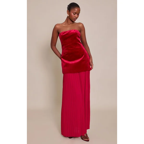 Rouge Vin Robe Maxi À Bustier En Velours Avec Jupe Plissée En Mousseline À Empiècement