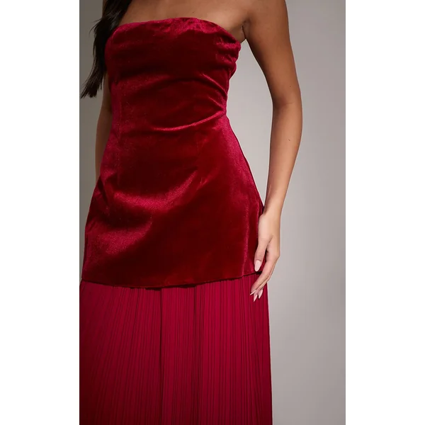 Rouge Vin Robe Maxi À Bustier En Velours Avec Jupe Plissée En Mousseline À Empiècement