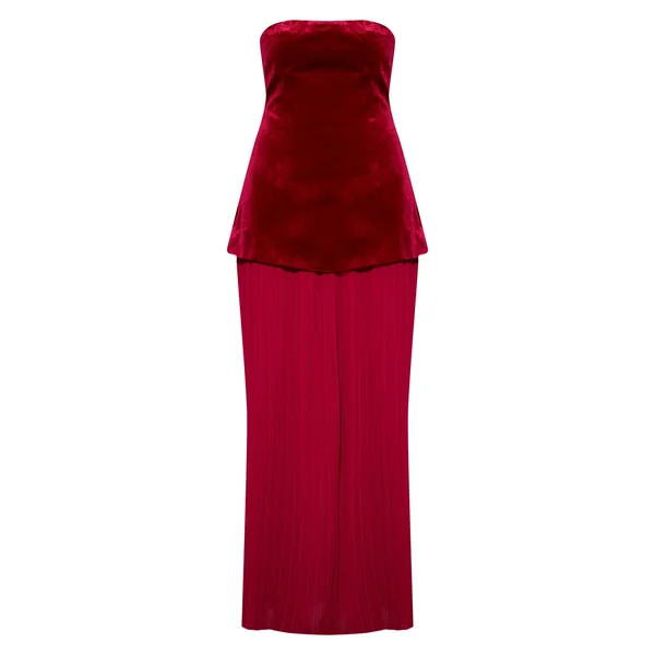 Rouge Vin Robe Maxi À Bustier En Velours Avec Jupe Plissée En Mousseline À Empiècement
