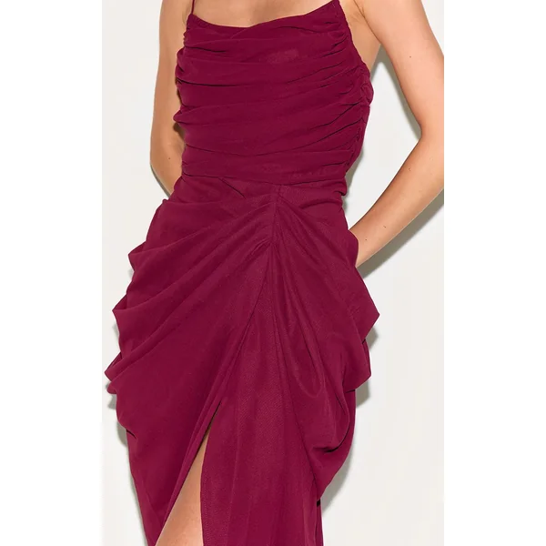 Rouge Vin Robe Midi Drapée Froncée En Mousseline