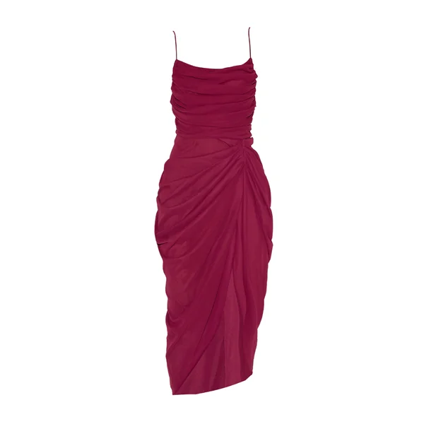 Rouge Vin Robe Midi Drapée Froncée En Mousseline