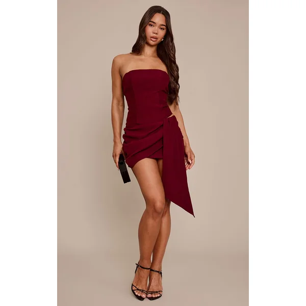 Rouge Vin Top Corset À Baleines En Tissu Tissé Ajusté