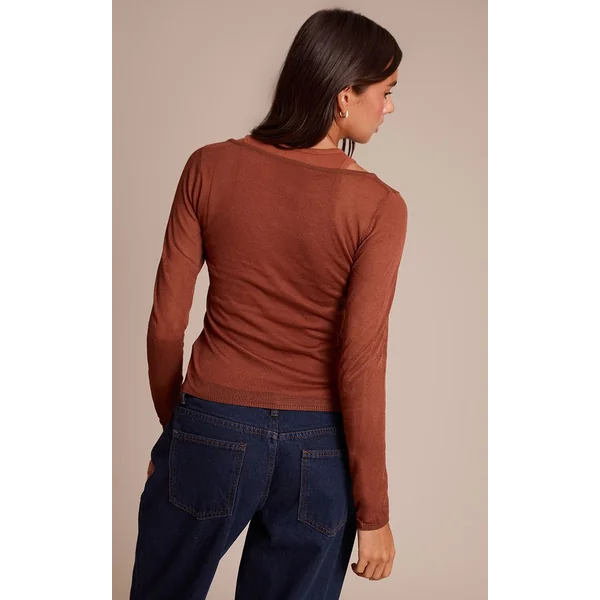 Rouille Haut À Manches Longues En Maille Transparente