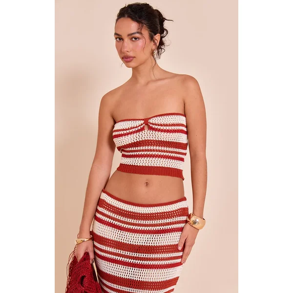 Rouille Jupe Longue Tricotée Au Crochet À Rayures