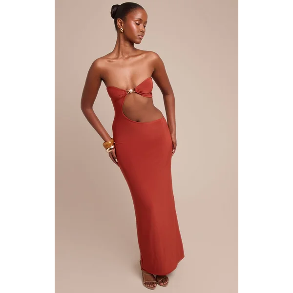 Rouille Robe Longue Moulante À Découpes Avec Détails De Bordures