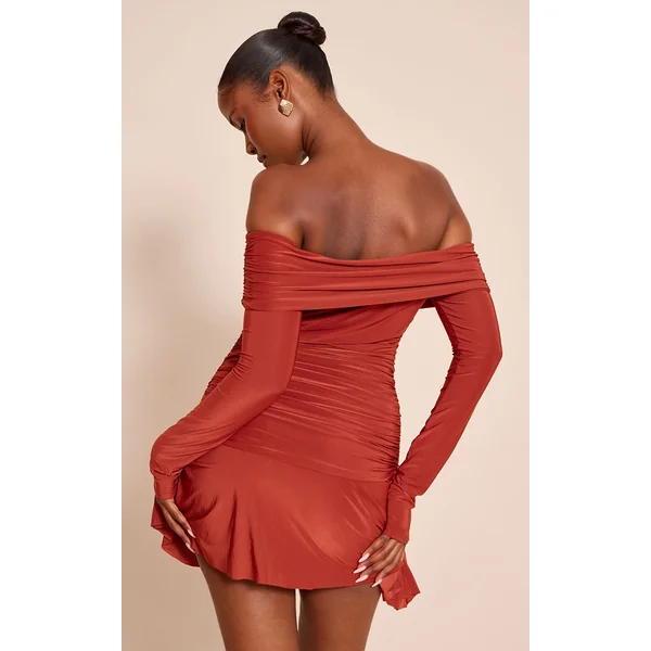 Rouille Robe Mini Bardot À Manches Longues Double Épaisseur En Tissu Slinky