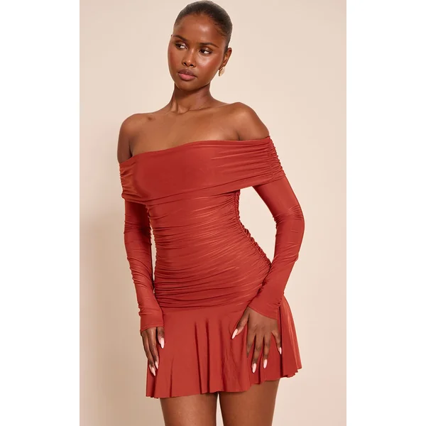 Rouille Robe Mini Bardot À Manches Longues Double Épaisseur En Tissu Slinky