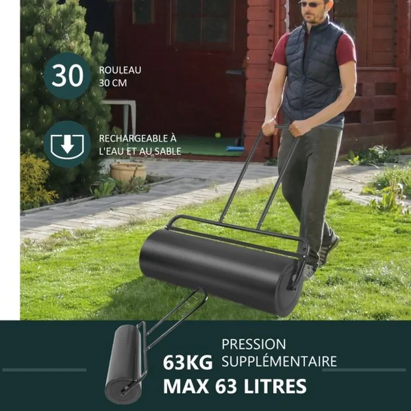 Rouleau à Gazon de Jardin avec Volume 63 L Ø du Rouleau : 30 CM Largeur 90 CM en Acier de Couleur Noir