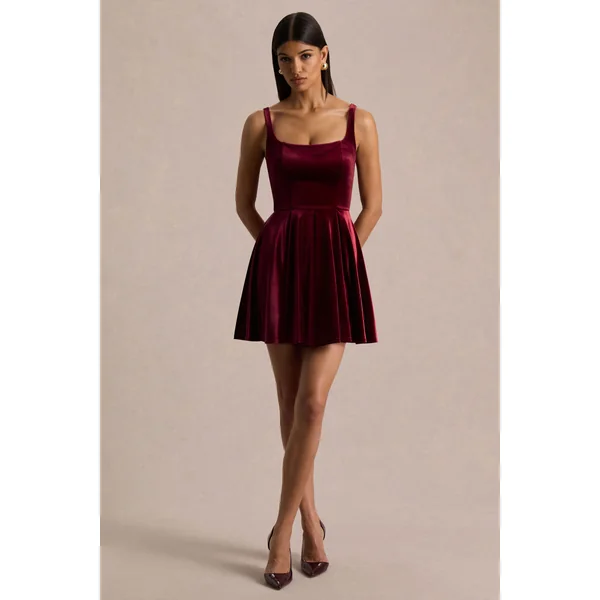 Roxanne | Mini-robe en velours bordeaux à col carré