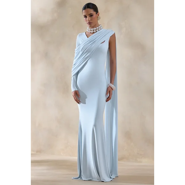 Rubelle | Robe longue bleu poudré à encolure asymétrique avec détail drapé