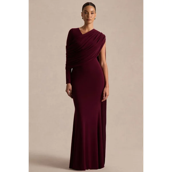 Rubelle | Robe longue bordeaux à encolure asymétrique et drapé