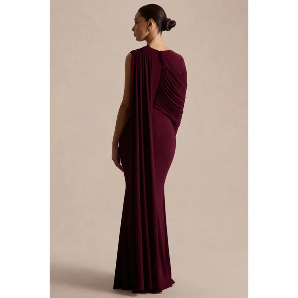 Rubelle | Robe longue bordeaux à encolure asymétrique et drapé