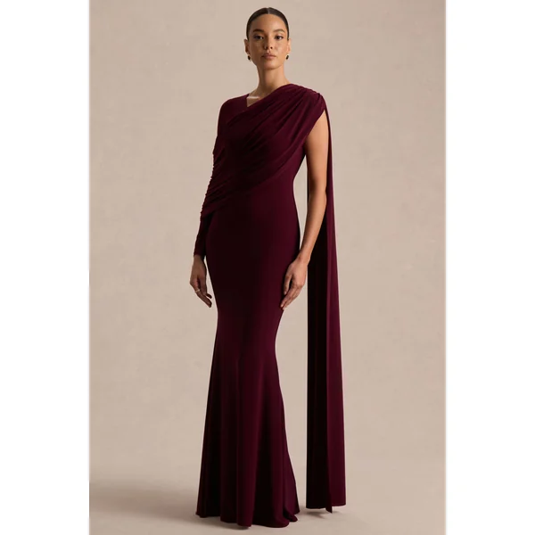 Rubelle | Robe longue bordeaux à encolure asymétrique et drapé