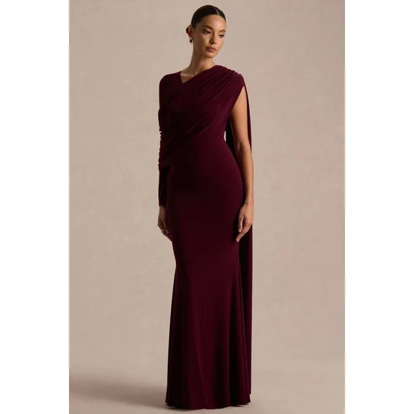 Rubelle | Robe longue bordeaux à encolure asymétrique et drapé