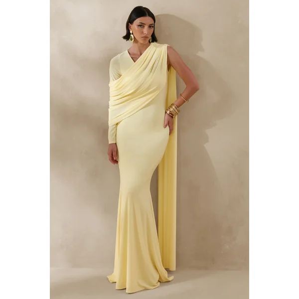 Rubelle | Robe longue citron à encolure asymétrique avec détails drapés