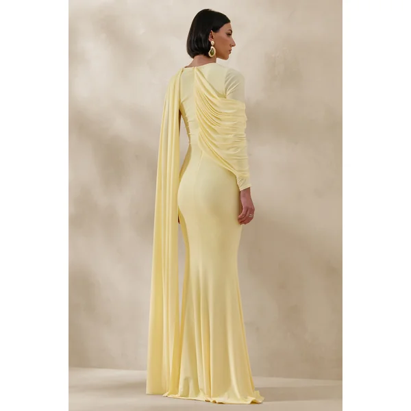 Rubelle | Robe longue citron à encolure asymétrique avec détails drapés