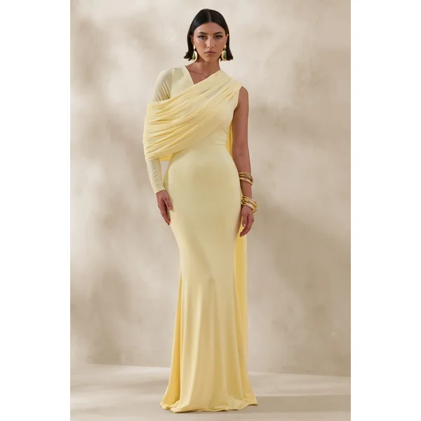 Rubelle | Robe longue citron à encolure asymétrique avec détails drapés