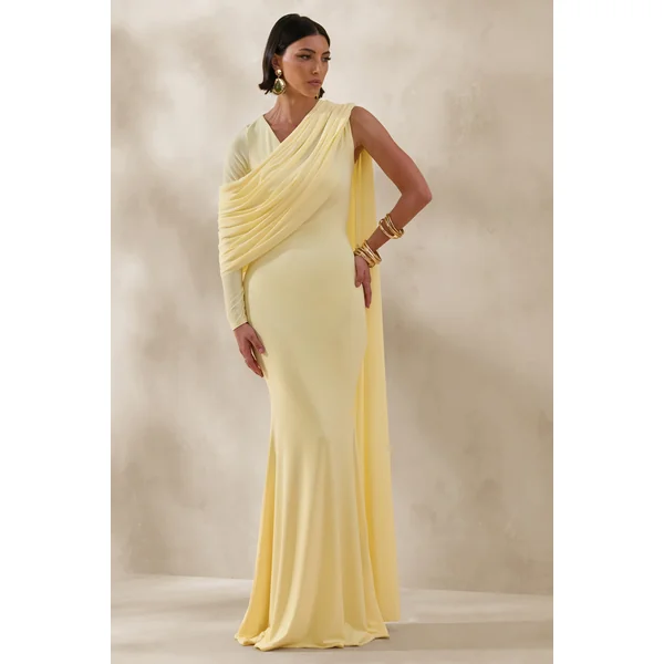 Rubelle | Robe longue citron à encolure asymétrique avec détails drapés