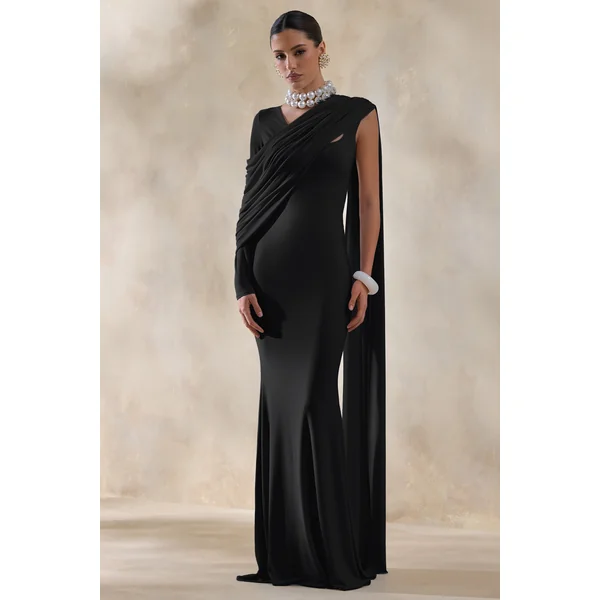 Rubelle | Robe longue noire à encolure asymétrique avec détails drapés