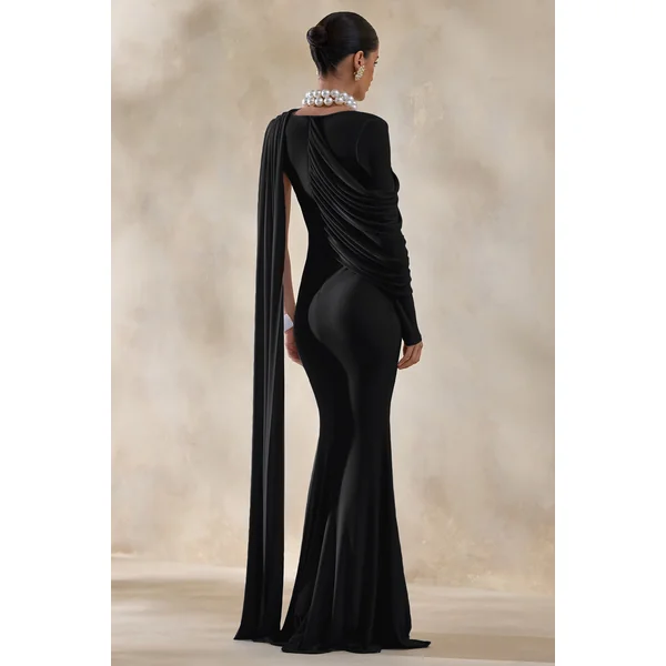 Rubelle | Robe longue noire à encolure asymétrique avec détails drapés