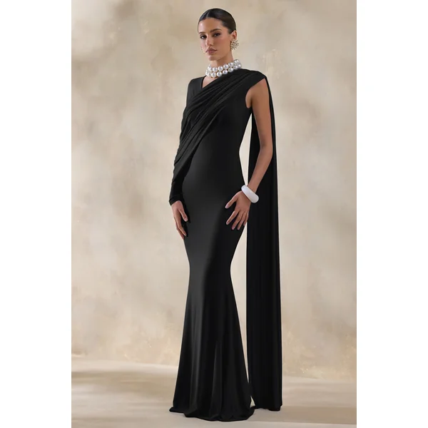 Rubelle | Robe longue noire à encolure asymétrique avec détails drapés