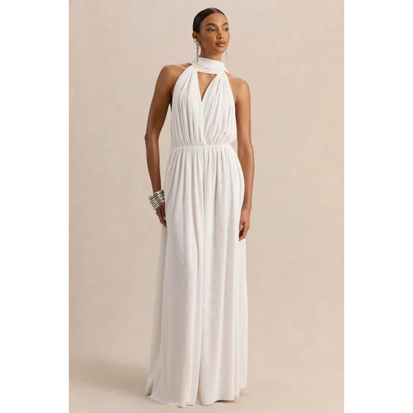 Rylina | Robe longue en mesh blanche à encolure dos nu avec foulard et dos ouvert