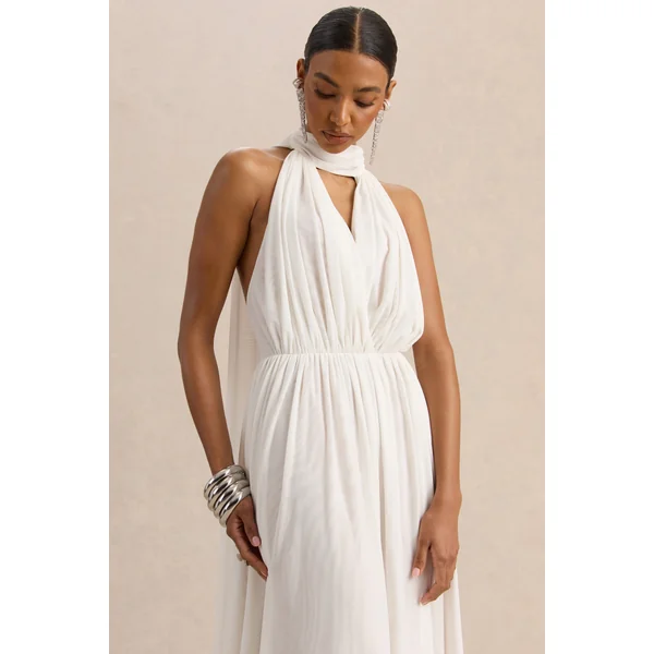 Rylina | Robe longue en mesh blanche à encolure dos nu avec foulard et dos ouvert