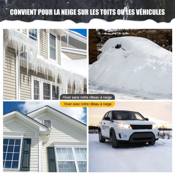 Râteau de Toit à Neige Extensible 1,50-6 m Déneigement de Toit en Aluminium avec Lame 63 cm 1 Tige de Manipulation et 4 Extensibles 2 Rouleaux