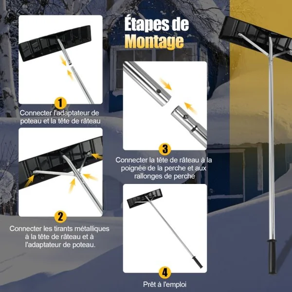 Râteau de Toit à Neige Réglable Déneigement de Toit Râteau à Neige en Aluminium avec Lame 40 cm de Largeur Manche Antidérapante en TPE