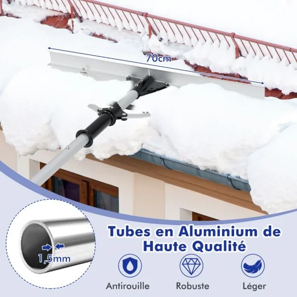Râteau à Neige en Aluminium Outil de Déneigement pour Toit avec Tête Large et Repliable Longueur Maximale de 634 cm 5 Tiges Amovibles