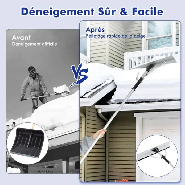 Râteau à Neige en Aluminium Outil de Déneigement pour Toit avec Tête Large et Repliable Longueur Maximale de 634 cm 5 Tiges Amovibles