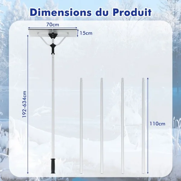 Râteau à Neige en Aluminium Outil de Déneigement pour Toit avec Tête Large et Repliable Longueur Maximale de 634 cm 5 Tiges Amovibles