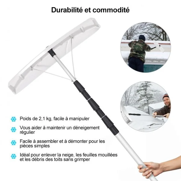 Râteau à Neige Tige Télescopique Réglable 193-630cm Poignée Antidérapante en Aluminium Tête 63x15cm Blanc Argenté