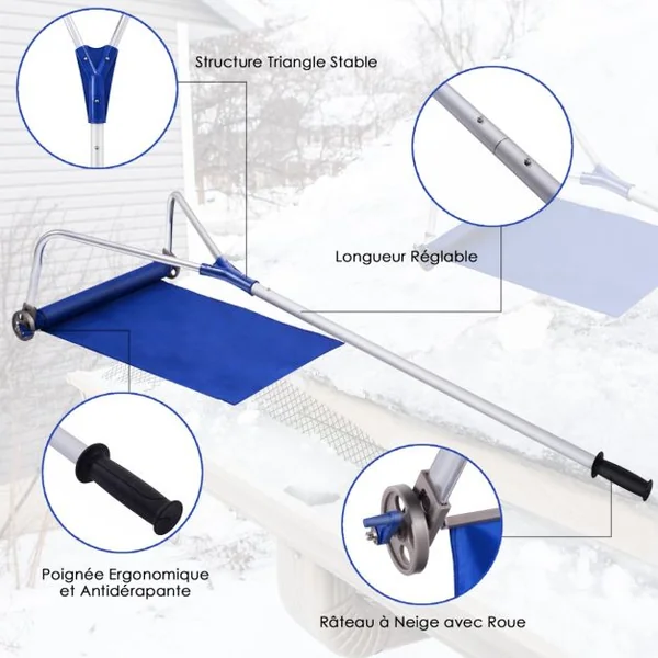 Râteau à Neige Télescopique pour Toit 180-661 cm Déneigement de Toit en Aluminium avec 2 Roues Coupe Large et Poignée Antidérapants Réglable