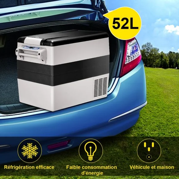 Réfrigérateur 52l de Voiture -20℃/+10℃ Mini Réfrigérateur Portable Ecran Lcd Adaptateur 69x34,5x52,5cm Noir+Gris