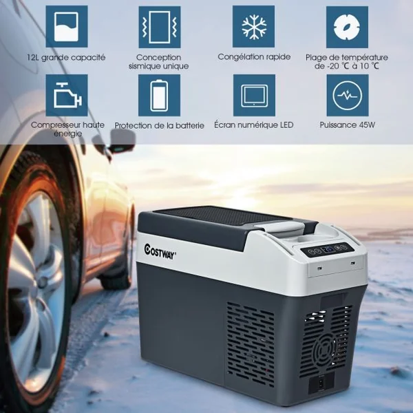 Réfrigérateur Congélateur de Voiture 12L Portable Compresseur -20°C à +10°C Ampoules LED 2 Porte-gobelets 23x53x36cm