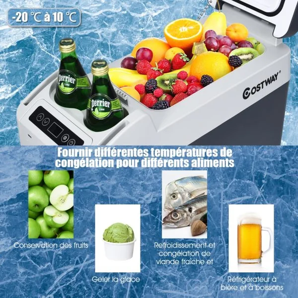 Réfrigérateur Congélateur de Voiture 12L Portable Compresseur -20°C à +10°C Ampoules LED 2 Porte-gobelets 23x53x36cm