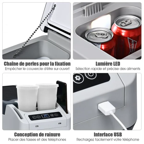 Réfrigérateur Congélateur de Voiture 12L Portable Compresseur -20°C à +10°C Ampoules LED 2 Porte-gobelets 23x53x36cm