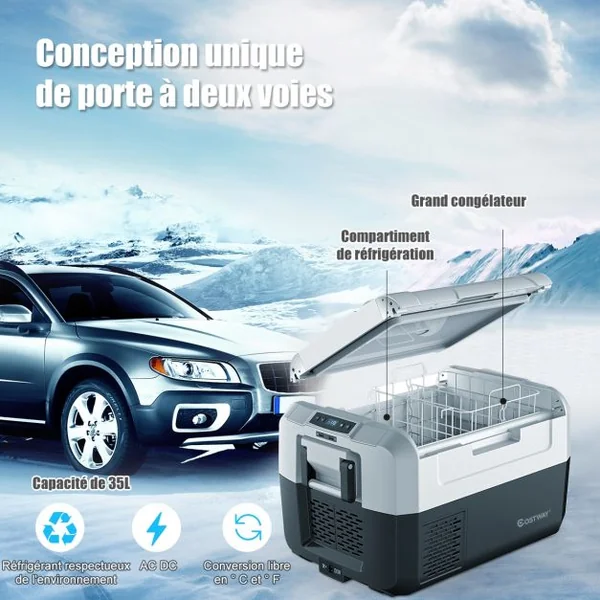 Réfrigérateur Portable 35l 60w Ecran Lcd -26℃ à 10℃ Protection Batterie Ports Usb Accessoires 67x45,5x39cm