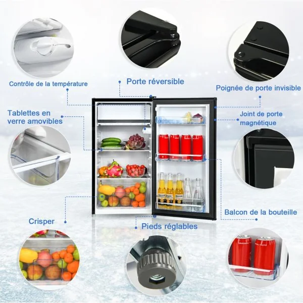 Réfrigérateur Table Top Intégrable 91L Mini-bar Niveau Sonore Faible 3 Étagères 49x45x84cm Noir
