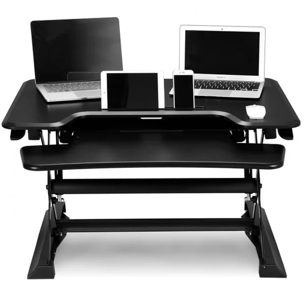 Réhausseur pour ordinateur assis-debout réglable en hauteur avec plateau de clavier rétractable, 90x60x11-43.5 cm, Noir