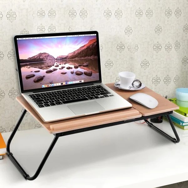Réhausseur pour Ordinateur Portable Table de Lit Support Réglable et Pliable en MDF et Métal 55 x 32 x 23 cm Naturel