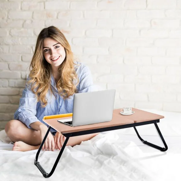 Réhausseur pour Ordinateur Portable Table de Lit Support Réglable et Pliable en MDF et Métal 55 x 32 x 23 cm Naturel
