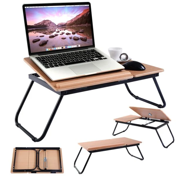 Réhausseur pour Ordinateur Portable Table de Lit Support Réglable et Pliable en MDF et Métal 55 x 32 x 23 cm Naturel