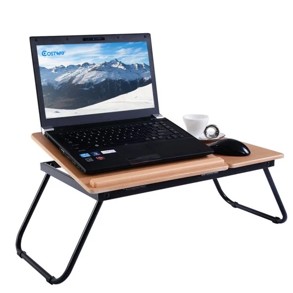 Réhausseur pour Ordinateur Portable Table de Lit Support Réglable et Pliable en MDF et Métal 55 x 32 x 23 cm Naturel