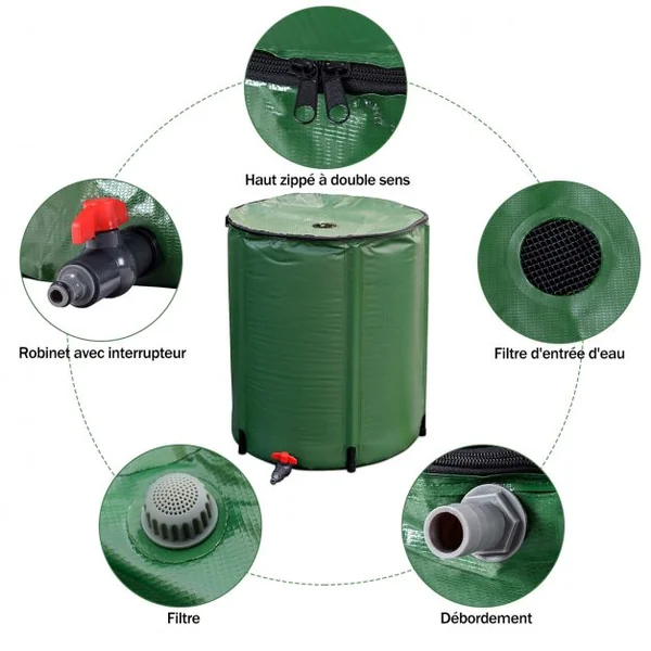 Réservoir Pliable 200L avec Récipient de Stockage d'Eau Filtre Robinet en PVC et ABS, 60x72cm Vert