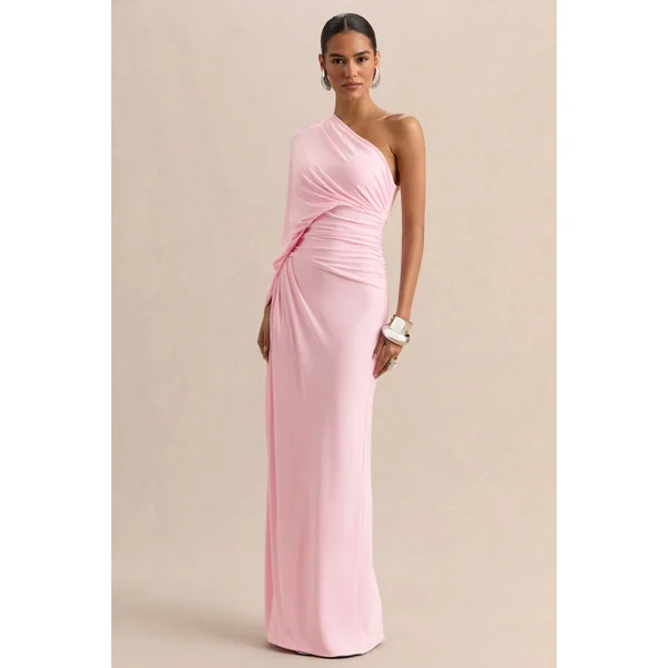 Sabella | Robe longue rose à encolure asymétrique